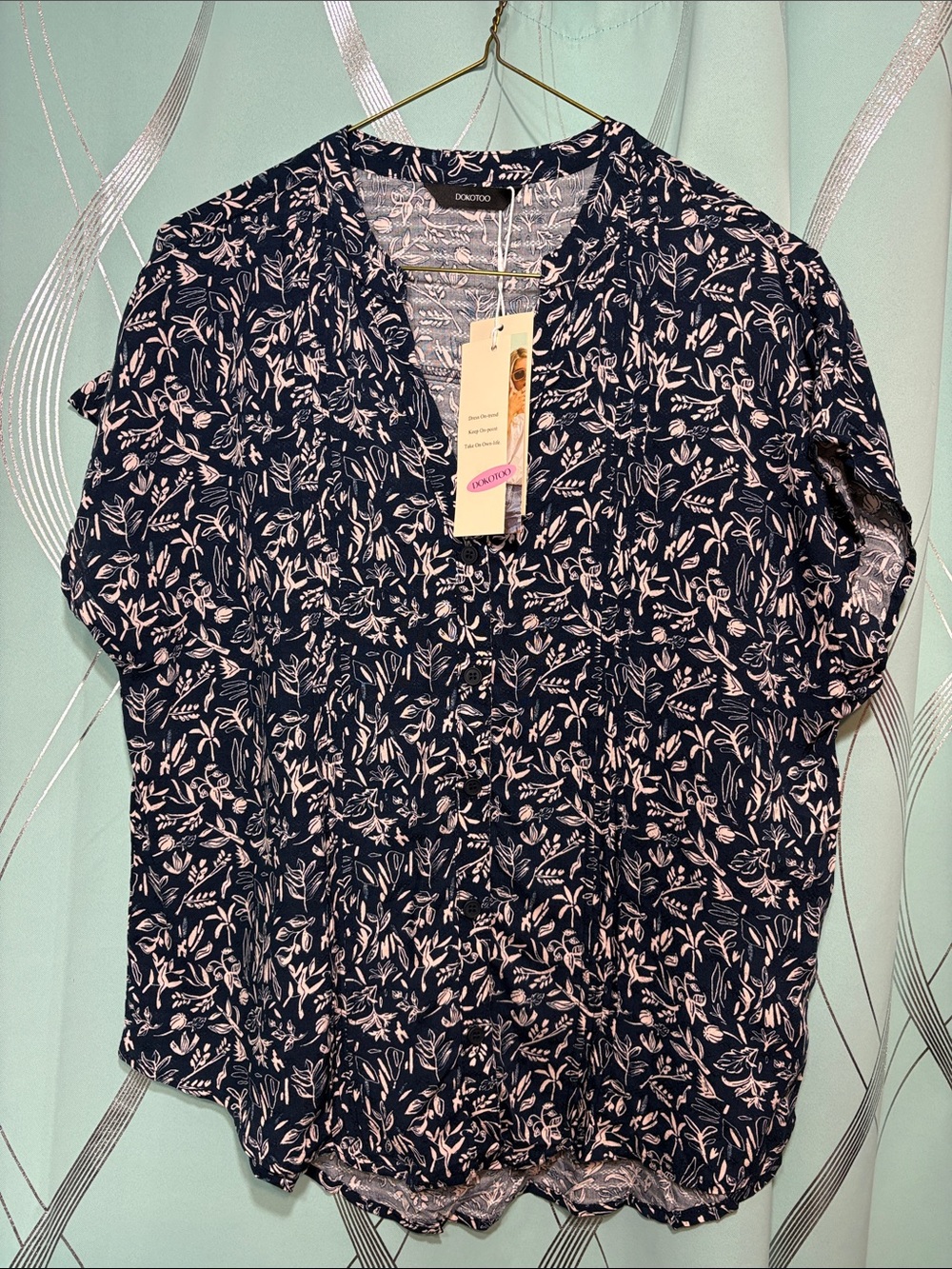 Dokotoo  Navy and Pale Pink Floral Short Sleeve Blouse